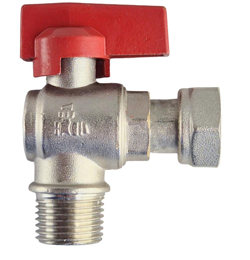 haakse kogelkraan 1/2" bsp wartelmoer (kort) x 1/2" bspt buitendraad, rode hendel