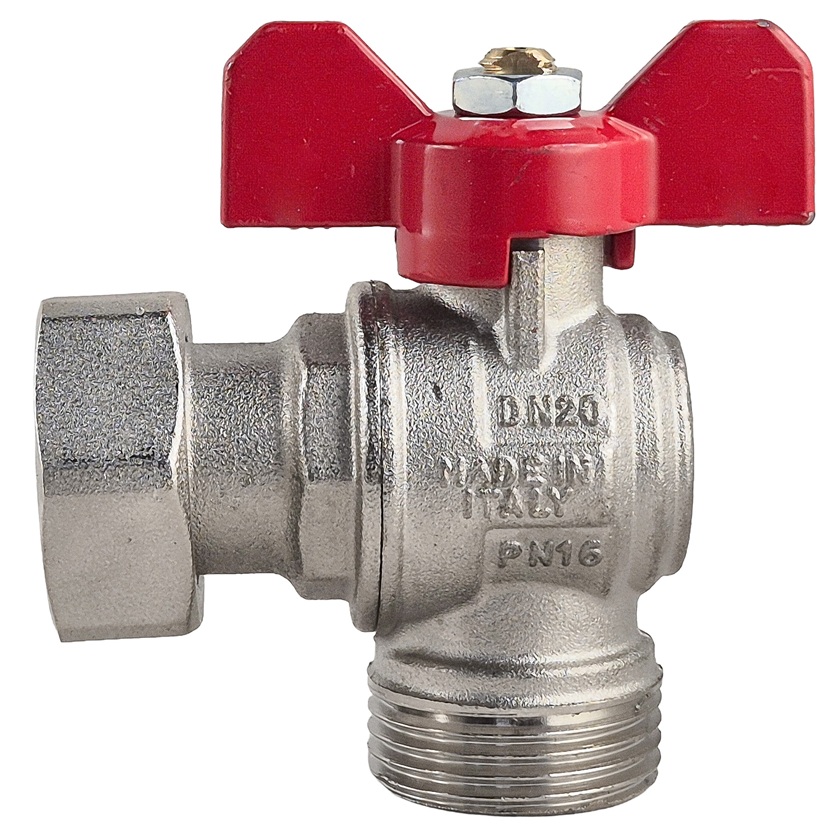 haakse kogelkraan 1" bsp wartelmoer x 1" bsp buitendraad, rode hendel